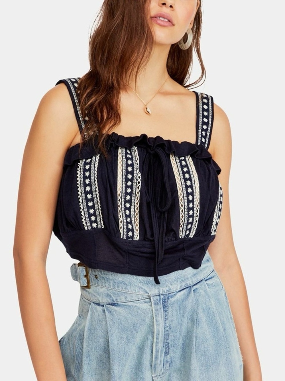 Free People Hill Embroidered Crop Top Size M/L Navy Boho Summer Festival Tank